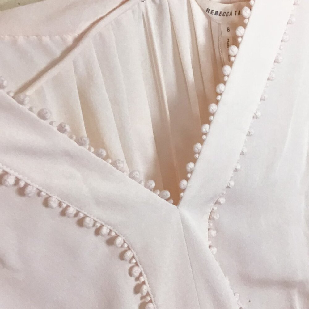 Rebecca Taylor - Pale Pink Short Sleeve Ruffled Silk Blouse w Embroidered Trim - Picture 6 of 13